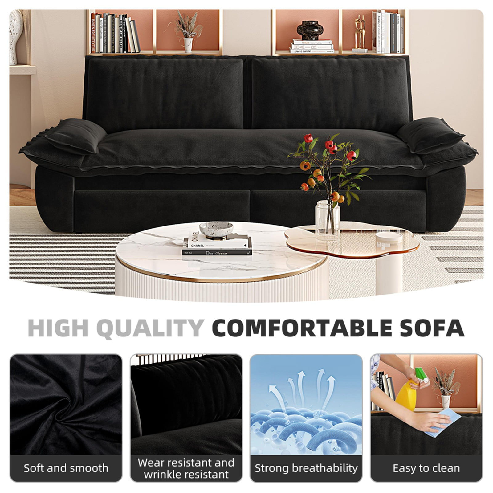 73.2" Futon Sofa Bed Queen Size, Pull Out Bed, 3-in-1 Convertible Sleeper Sofa with 2 Soft Pillows, Modern Velvet Futon Couch for Living Room, Small Space, Apartment, Bedroom, Black