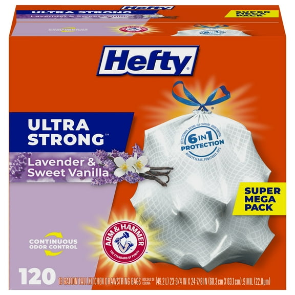 Hefty Ultra Strong 13 Gallon Trash Bags, Tall Kitchen Trash Bags, White, Lavender and Sweet Vanilla Scent, 120 Bags