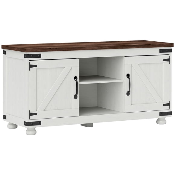 Farmhouse TV Stand for 50" TV - Distressed White Media Console with Barn Doors & Cable Management for Living Room - 43.3" Wide