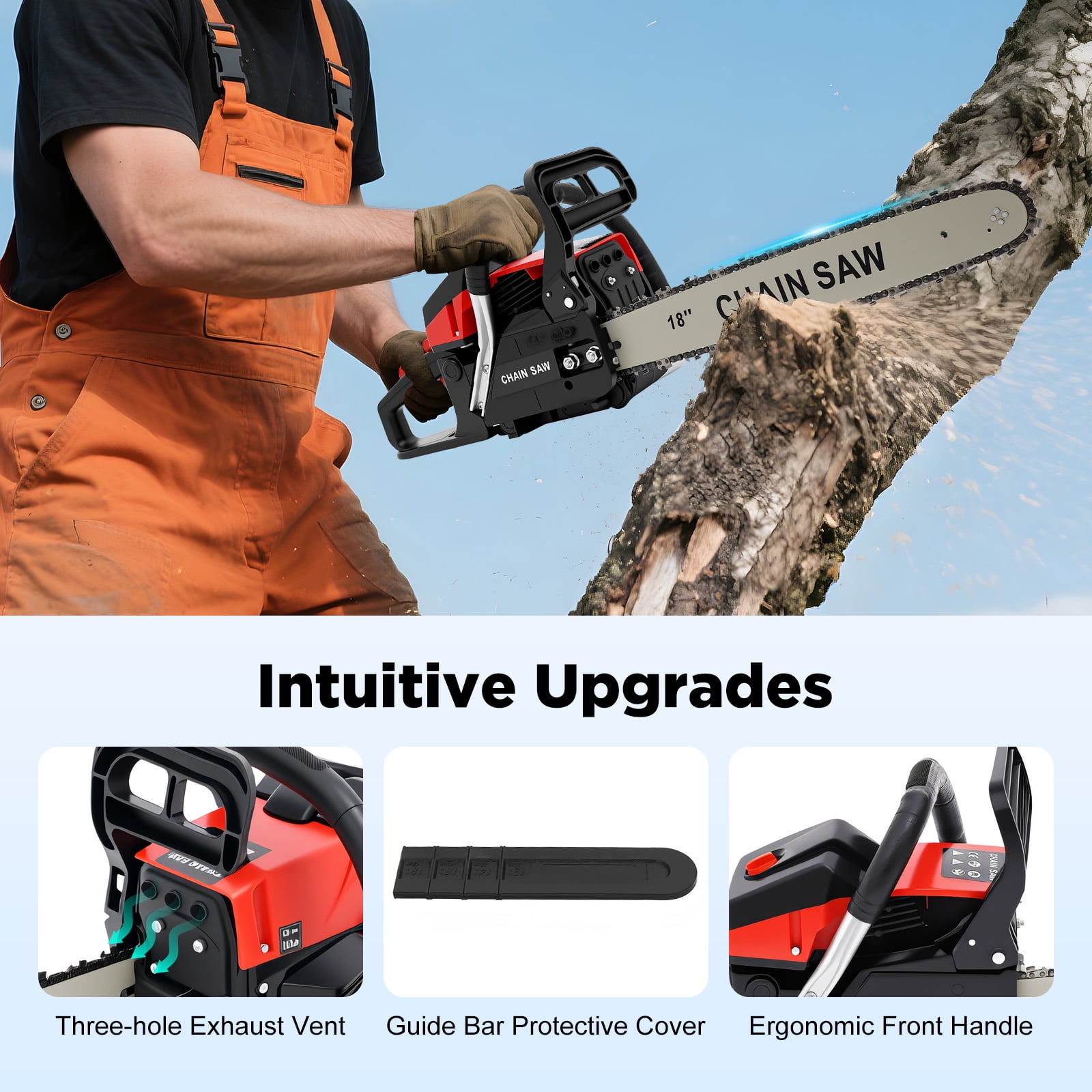 58cc 3HP Gas Chainsaw with 18-Inch Guide Bar – 10,500 RPM High-Speed Cutting, Lightweight & Ergonomic, Auto Oiling, Safety Lock, Ideal for Tree Trimming & Yard Work