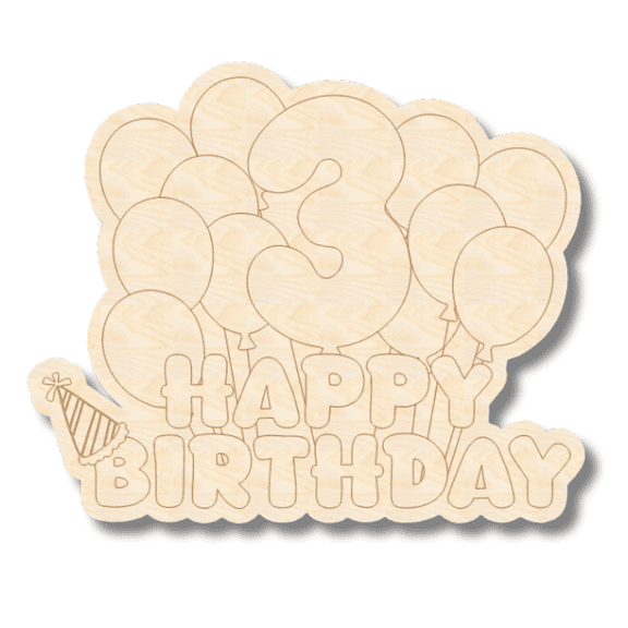 Unfinished Wood Etched 3rd Birthday Balloons Shape | Paint By Line Crafts 10" / 1/4"