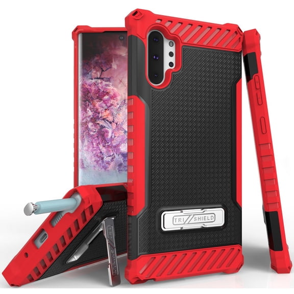Case for Galaxy Note 10 Plus, Red Tri-Shield [Military Grade] Rugged Cover with Metal Kickstand [Includes Wrist Strap Lanyard] for Samsung Galaxy Note 10  Phone (SM-N975, SM-N976)