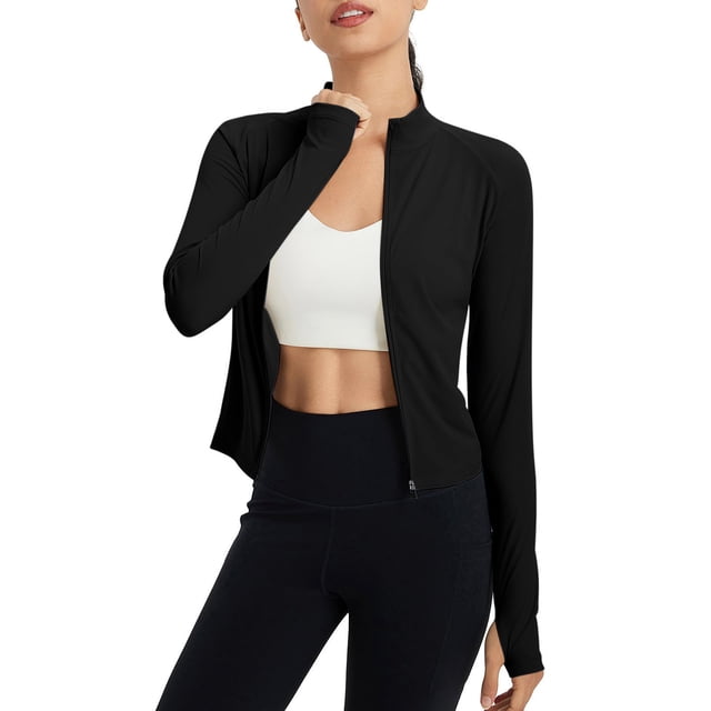 Pitauce Women's UPF 50+ Sun Protection Shirts Long Sleeve Full Zip Cropped Rash Guard Slim Fit Lightweight Workout Athletic Shirt