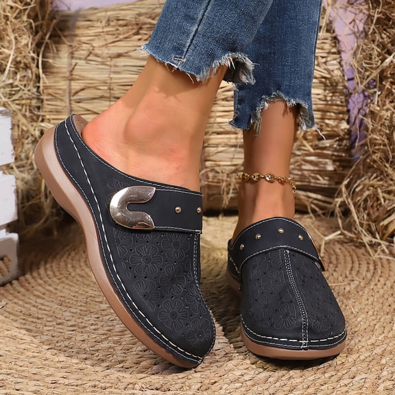 Bkhluea Women Floral Cutout Metal Accent Mules Slip On Comfortable Footwear For Office Work Daily Casual Outdoor Activities