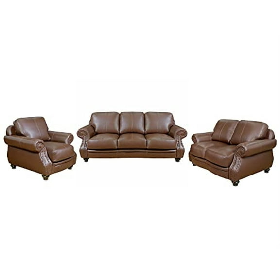 Sunset Trading Charleston 3-Piece Top-Grain Leather Living Room Set in Chestnut