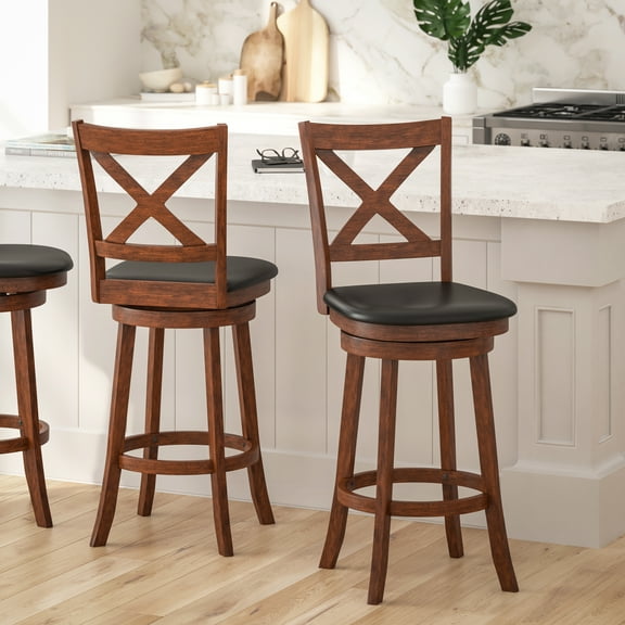 Merrick Lane 30" Antique Oak Classic Wooden Crossback Swivel Bar Height Pub Stool with Black Faux Leather Padded Seat and Integrated Footrest