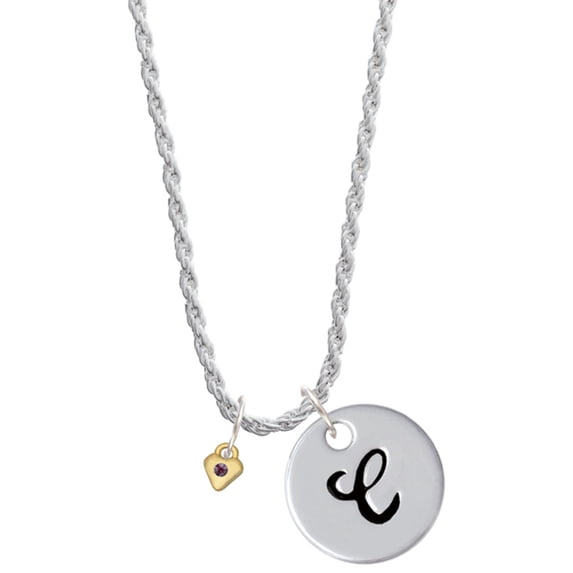 Delight Jewelry Goldtone Mini February - Purple Crystal Heart Silvertone Script Initial Disc - C - Charm Necklace, 20"+3"