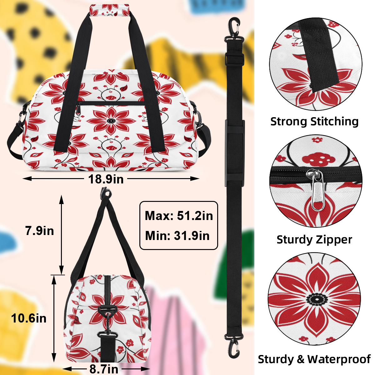 Herdesigns Red Sports Duffle Bag for Women & Men, Floral Gym Bag Dance Bag Overnight Bag Carry On Weekender Travel Bag