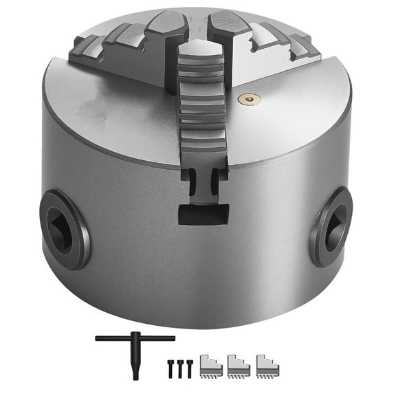 KFFKFF 3-Inch (80 mm) 3-Jaw Lathe Chuck, Self-Centering Design, Clamping Range 0.08-2.48 in (2-63 mm), Includes T-Key and Reversible Jaws, Made from HT300 Material for Wood and Metal Applications
