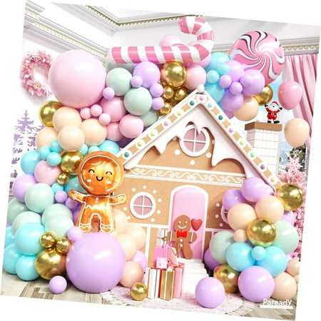 SKYSONIC 120 PC Christmas Balloon Arch, Gingerbread Balloon Arch, Light Teal Blue White Metallic Foil for Christmas Party Decoration