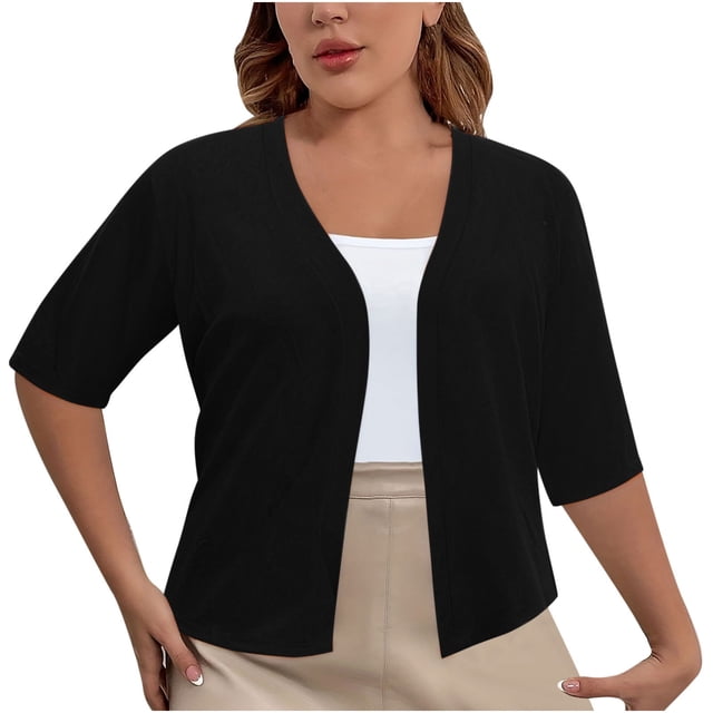 Aocisk Plus Size Cardigan for Women 2024 Spring Summer Open Front Solid Color Half Sleeve Coat Tops Casual Black XL