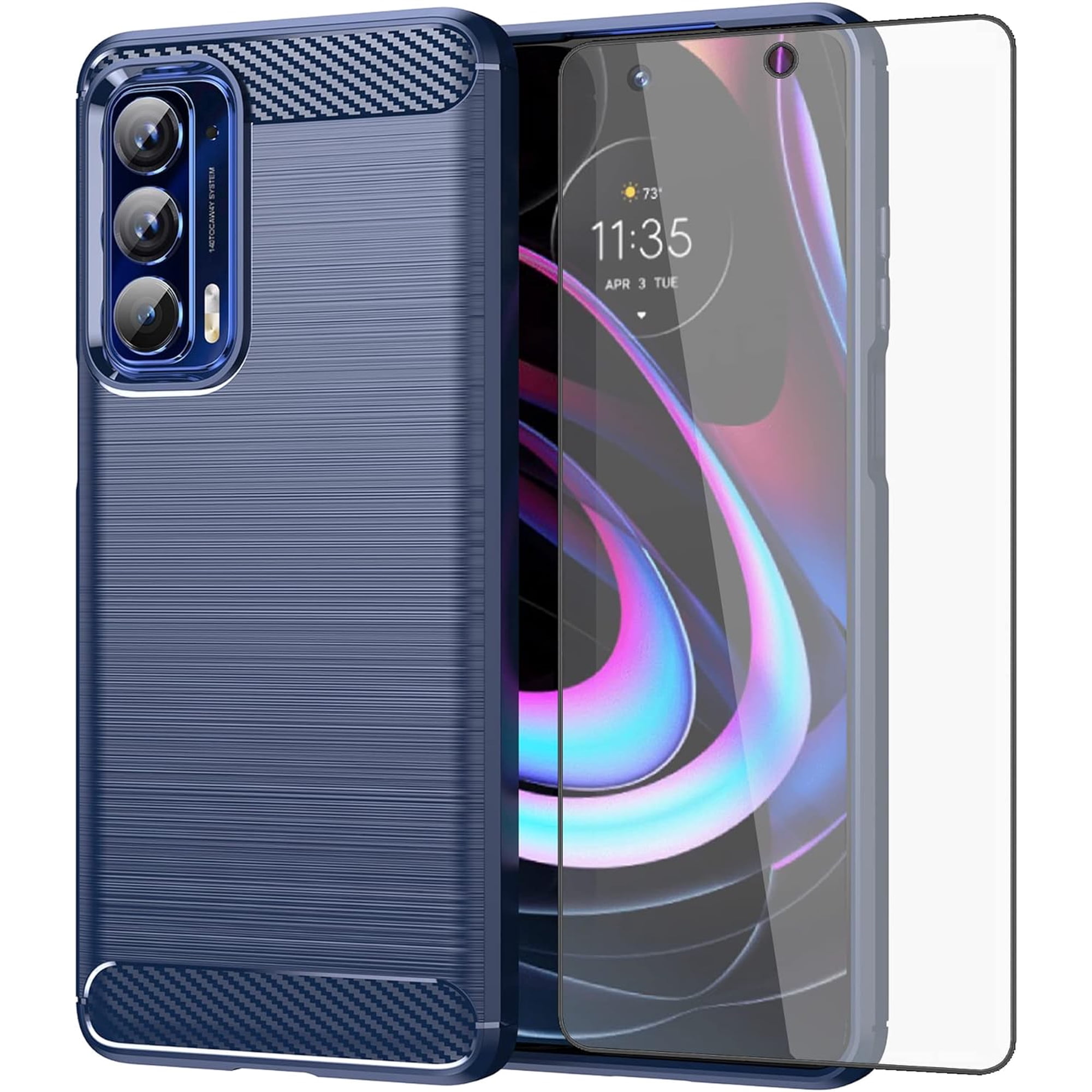 MYKOMI Phone Case for Motorola Moto Edge 2021/MotoEdge 5G UW with Tempered Glass Screen Protector Cover and Slim Thin Soft Cell Accessories Protective MotoEdge5GUW Women Men Carbon Fiber Navy Blue