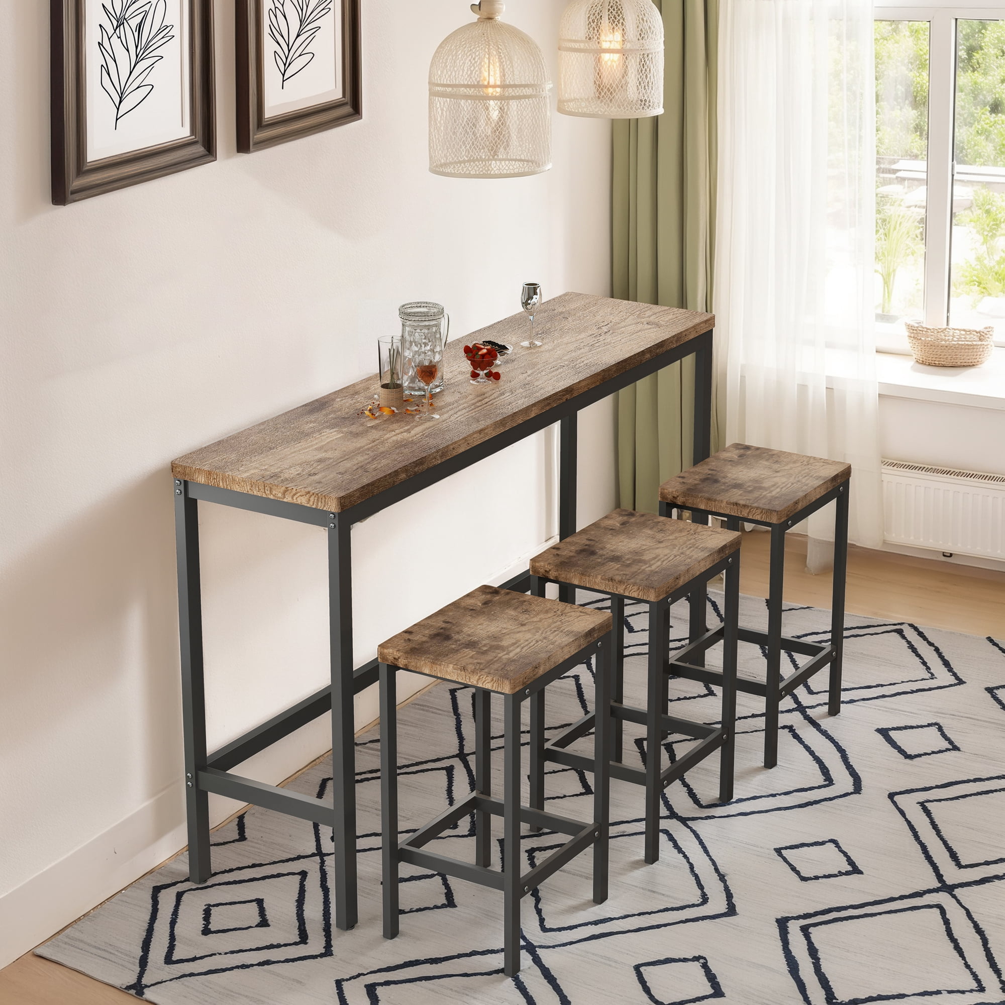 BSHTI 60.24" MDF Dining Room Table Set with Metal Frame, 3 Stools, Space-Saving Design for Kitchen Dining Room(Natural)