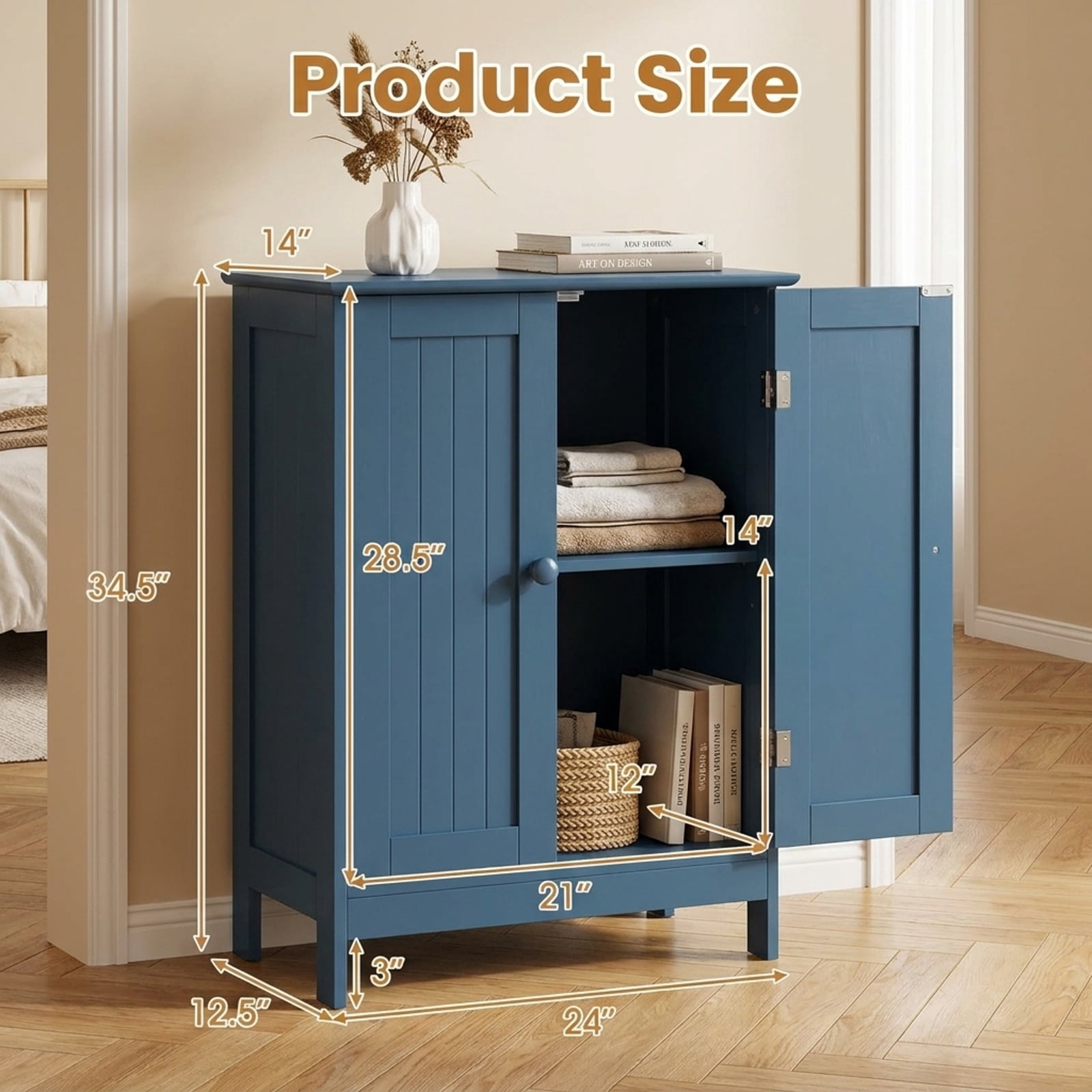 Vebreda Bathroom Storage Cabinet with 2 Doors and 3-Level Adjustable Shelf, 24 in Freestanding Storage Cabinet with Anti-Tip Kit, Blue