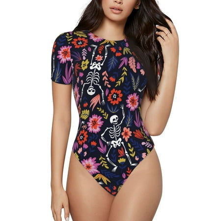 Cauagu Dancing Skeletons Floral Garden Women s Crew Neck Round Short Sleeve T Shirts Tops Bodysuit Daily Jumpsuit-X-Large