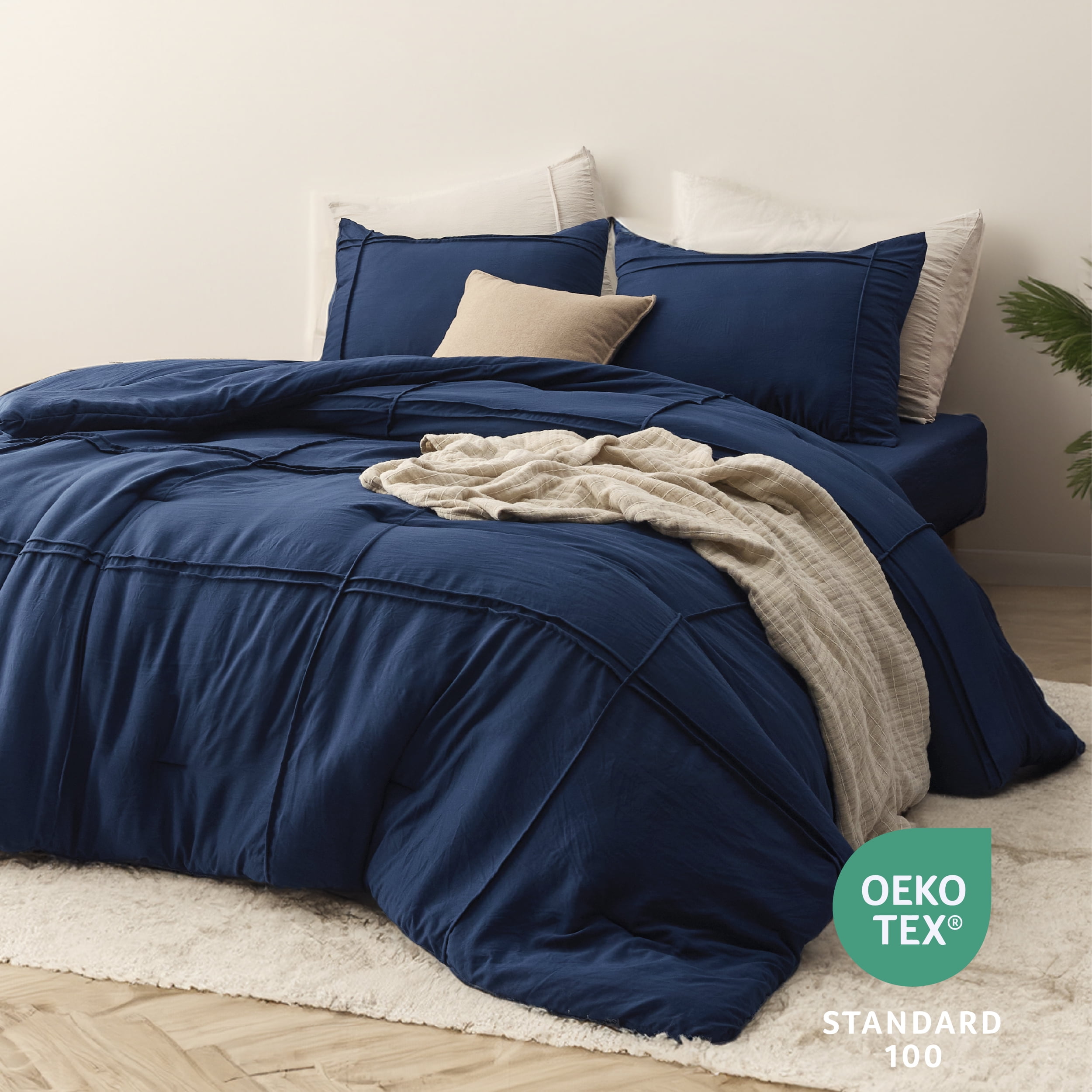 Cozy Comfort Queen Comforter Set with Sheet - 4 Pieces Soft Navy Blue Bedding Sets, Grid Pinch Pleat, All Season Lightweight Fluffy Bed Set