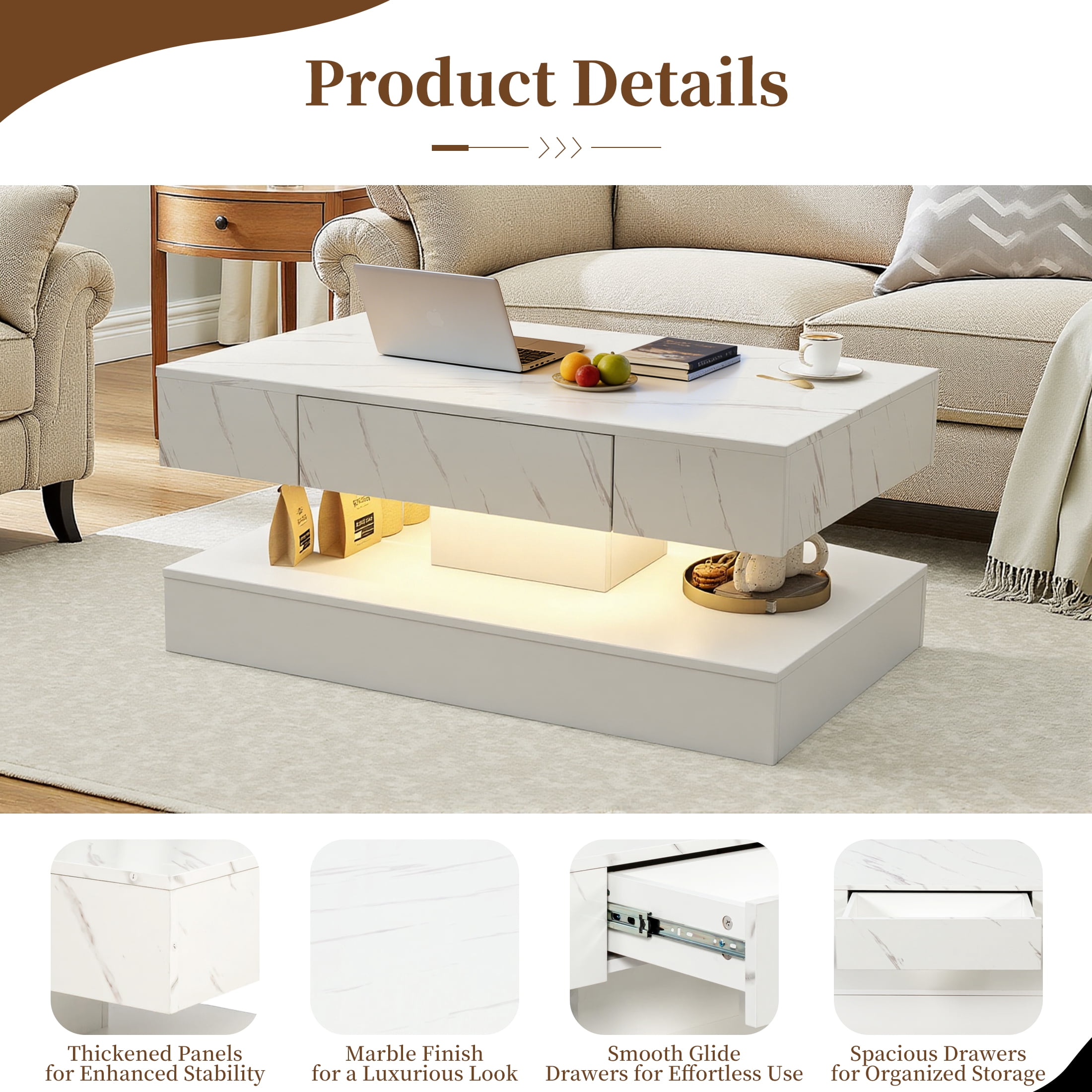 UHOMEPRO White LED Coffee Table with Storage Drawers, 39" Modern High Gloss Center Table with RGB LED Lights, 2-Tier Rectangle Design with Marbling Print for Living Room, White