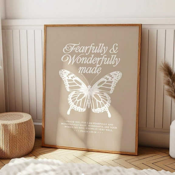 Fearfully Wonderfully Made Christian Wall Art Beige, Psalm Bible Verse Poster, Boho Butterfly Print, Trendy Scripture Home Decor Wall Art, Modern Wall Decor, 8x12 UNFRAMED