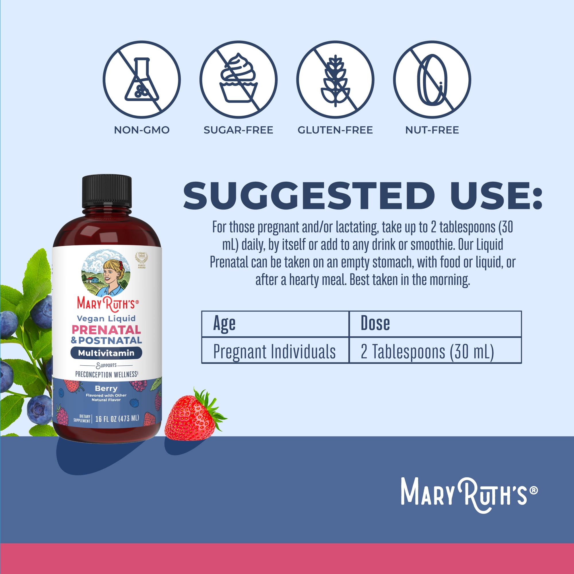 MaryRuth's Vegan Liquid Prenatal Postnatal Multivitamin, Berry Flavor, Gluten-Free, Sugar-Free, 1-Count 16 fl. oz.