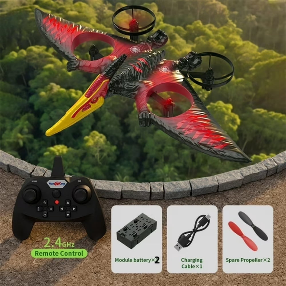 Remote Control Dinosaur Plane Drone, Flying Helicopters Toys with LED Light, Birthday Gifts for 5-12 Years Kids-Red