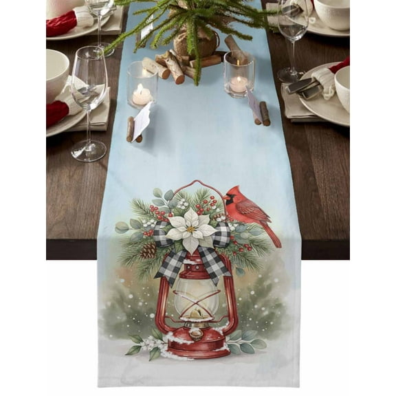Christmas Table Runner Red Light Cardinal Bird Table Runners Poinsettia Holly Berry Cotton Linen Dresser Scarf Kitchen Dining Table Decor for Christmas Holiday Party Decor 13x72 Inch