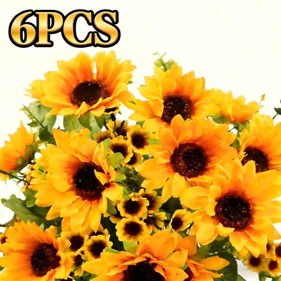 6PCS Artificial Sunflower Flowers Long Stem Silk Fake Large Sunflowers Decoration UV Resistant & Fade Resistant for Outdoor Home Wedding Baby Shower Birthday Party Single Bulk Yellow Decor
