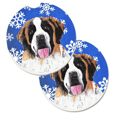 

Carolines Treasures SC9382CARC Saint Bernard Winter Snowflakes Holiday Set of 2 Cup Holder Car Coasters Large