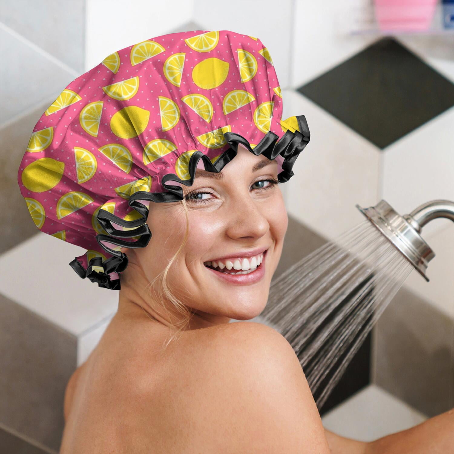 Shower Caps,Yellow Lemon Fruit Slices Pink Pattern Waterproof Shower Cap for Women 4 Pieces,Double Reusable Hair Cover for Shower PEVA Elastic Stretch Hem