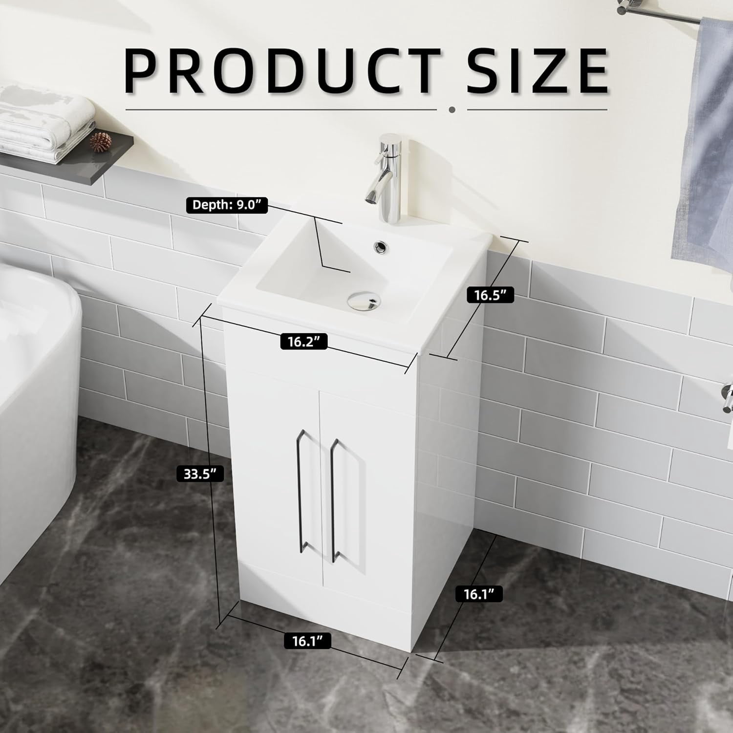 Goodyo 16" Small Bathroom Vanity Single Sink, Freestanding Modern Bathroom Cabinet with White Drop in Sink, 2 Doors Wood Storage Cabinet, White