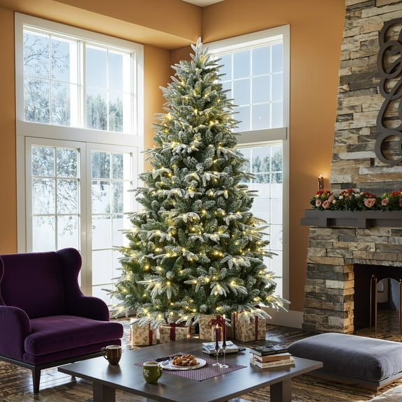 LuxenHome 7Ft Pre-Lit Flocked Fraser Fir Full Artificial Christmas Tree