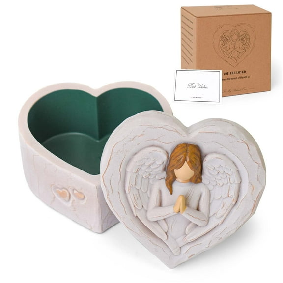 Heart-Shaped Angel Keepsake Box – Hand-Painted Resin Jewelry Storage with Praying Angel Lid