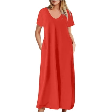 Women's Summer Maxi Dress Casual V Neck Short Sleeve Sundress Plus Size Loose Long Summer Beach Maxi Dress with Pockets S-5X