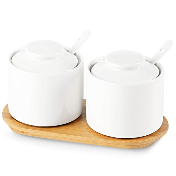 ONTUBE ceramic Sugar Bowl with Lid and Spoon Set of 2,Porcelain Seasoning Box Salt Bowl with Tray,8oz (White)