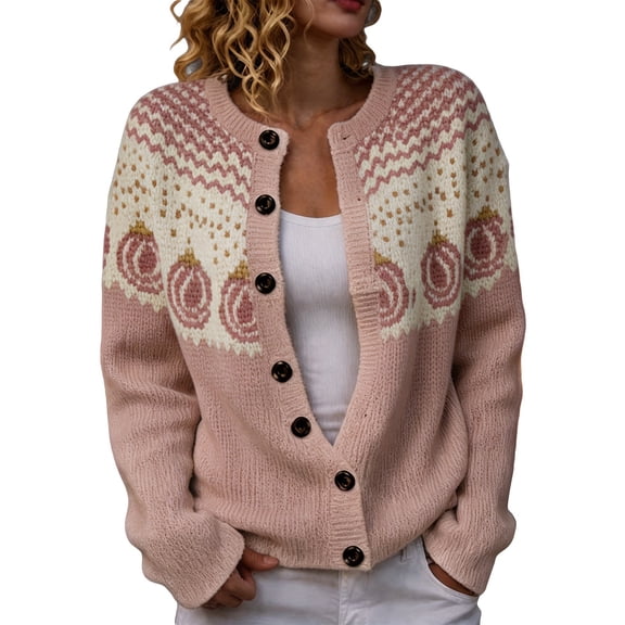 ZHOGXU Women's Halloween Cardigan Fall Fair Isle Knit Sweater Fashion Pattern Button Down Long Sleeve Outerwear ,Pink1,XXL