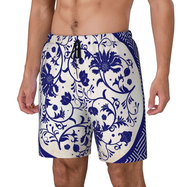 Kdxio Blue And White Porcelain Pattern Print Mens Swim Shorts with Mesh Lining, Breathable and Quick-Drying, Adjustable Waist, Privacy Pocket-Large