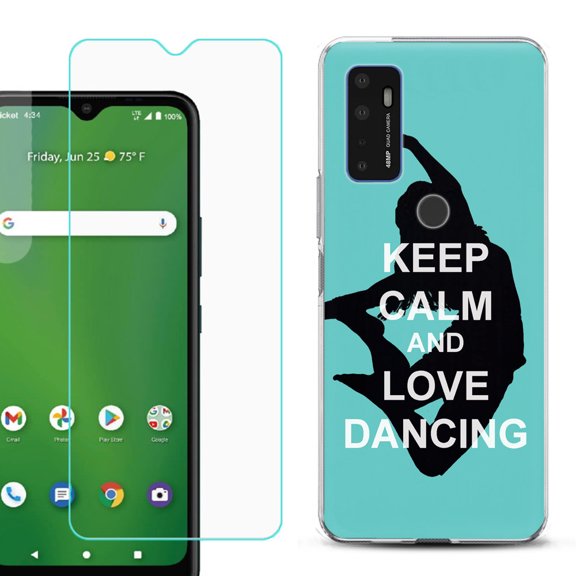 Slim-Fit Gel TPU Phone Case for Cricket Dream 5G, with Tempered Glass Screen Protector, by OneToughShield ® - Keep Calm / Dancing