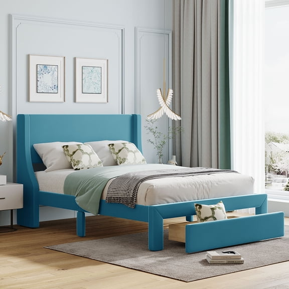 SESSLIFE Upholstered Platform Bed, Full Bed with a Storage Drawer, Blue Full Bed Frame, Storage Platform Bed Frames, Hold 600 LBS, No Box Spring Needed, Easy Assembly