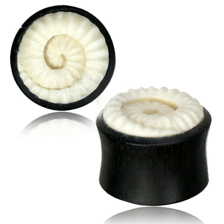 Bone Inlay Body Jewelry Tunnels - Organic Arang Wood Dragon Spiral Tail Bone Inlay Double Flared Saddle Ear Plugs, Pair