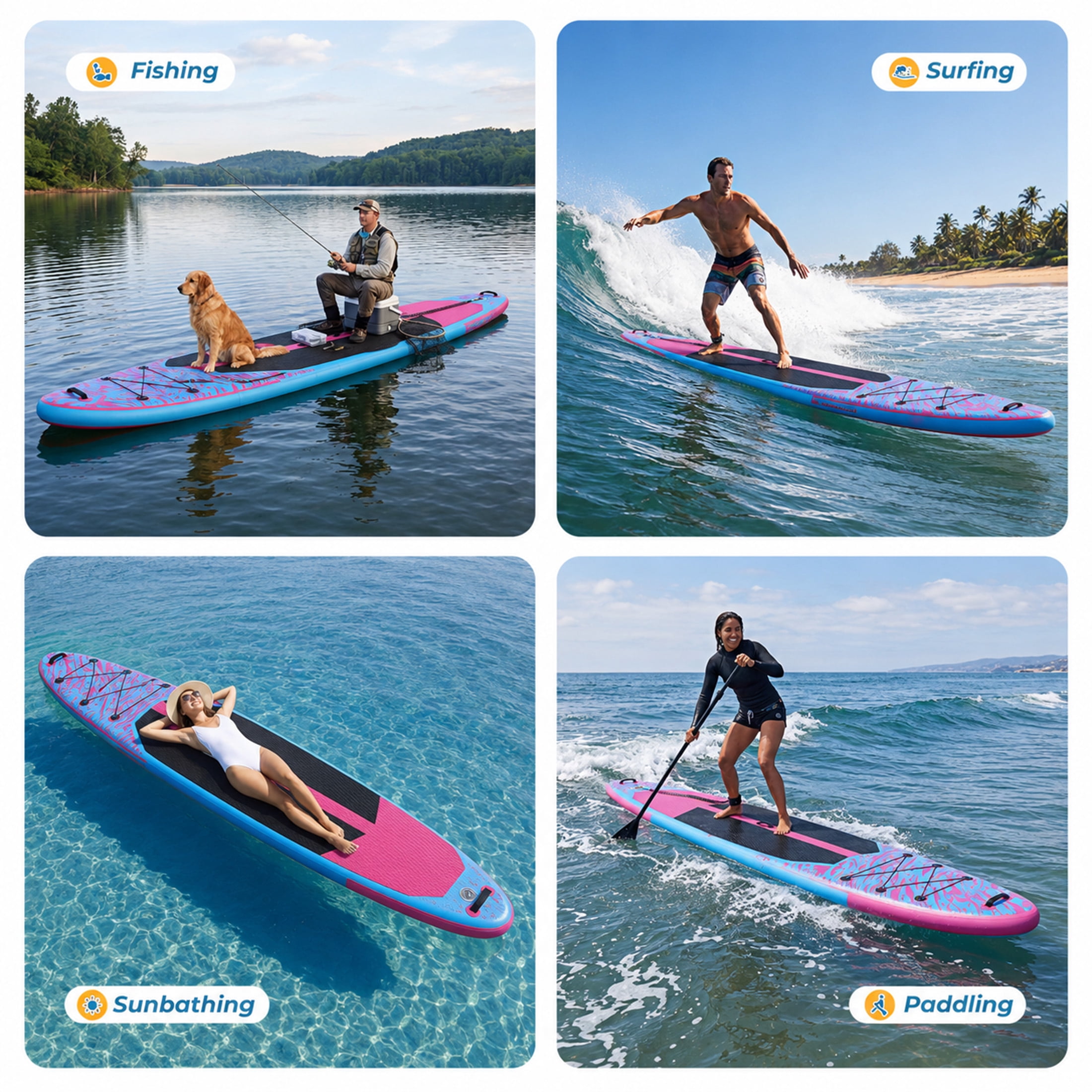 EDX 10.6 ft Inflatable Stand Up Paddle Board, 33" Wide SUP with Paddle, Pump, Fins, Leash & Carry Bag, Non-Slip Stable Board for Adults & Beginners, Pink Blue
