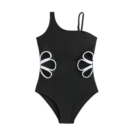 DGQPLPD Girls Swimwear One Shoulder Kids Swimsuit for Beach and Pool Summer Solid Color Hollow Design Comfortable Bathing Suit Black 7-8 Years