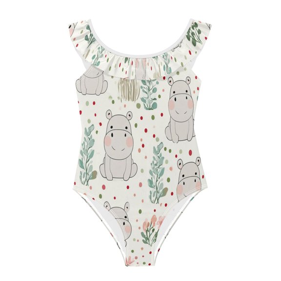 Girls Ruffled One Piece Swimsuit Summer Beach Vacation Swimwear Tank Swimsuit Resting Hippo