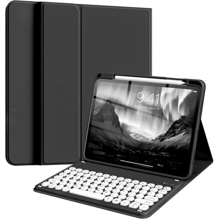 Cute Color Round Key Magnetic Detachable Wireless Keyboard Folio Stand Cover, Black Case with Top Pencil Holder Compatible with iPad Pro 11-inch M5(2025), M4(2024)