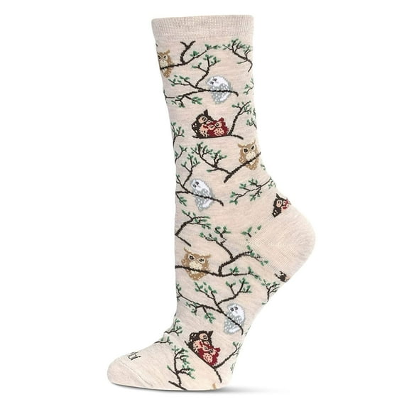 MeMoi Women's Owls Bamboo Crew Socks - Womens - Female, 9-11, Oatmeal Heather