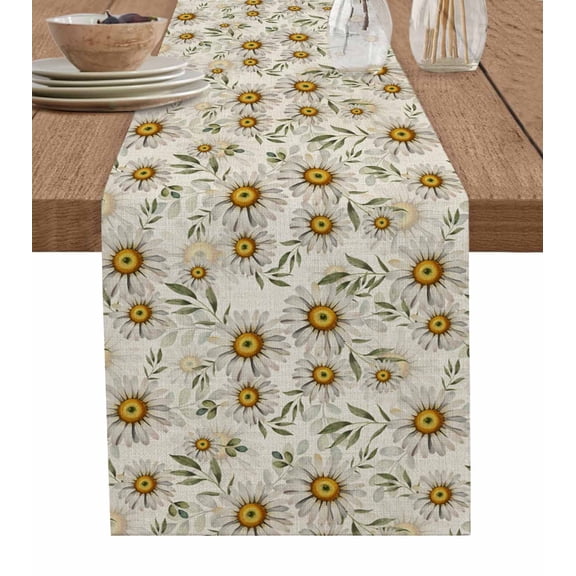 ERUNPONLY White Daisies Table Runner - 72 Inch Long Retro Country Botanical Flowers Leaves Cotton and Linen Blended Dress Scarves Farmhouse Table Runner for Kitchen Dining, Coffee Table, 16"x72"