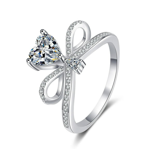 Women's Bow Crown Heart Engagement Ring 1.9 heart cut Diamond 14K White Gold Over