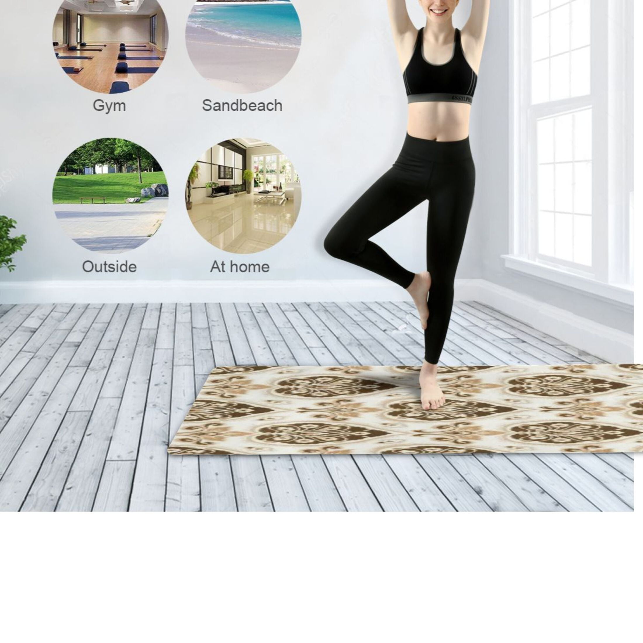 BZSMCE Yoga Mat Women Fitness Mat Gold Cream Ornate Damask Pattern