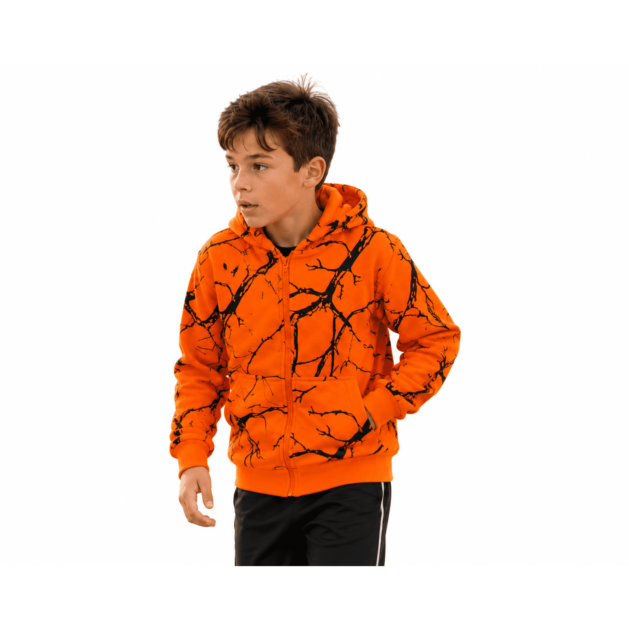 Kids Orange Safety Full Zip High Visibility Thick Fleece Hooded Sweatshirt Hunting Jacket Orange Camo XL