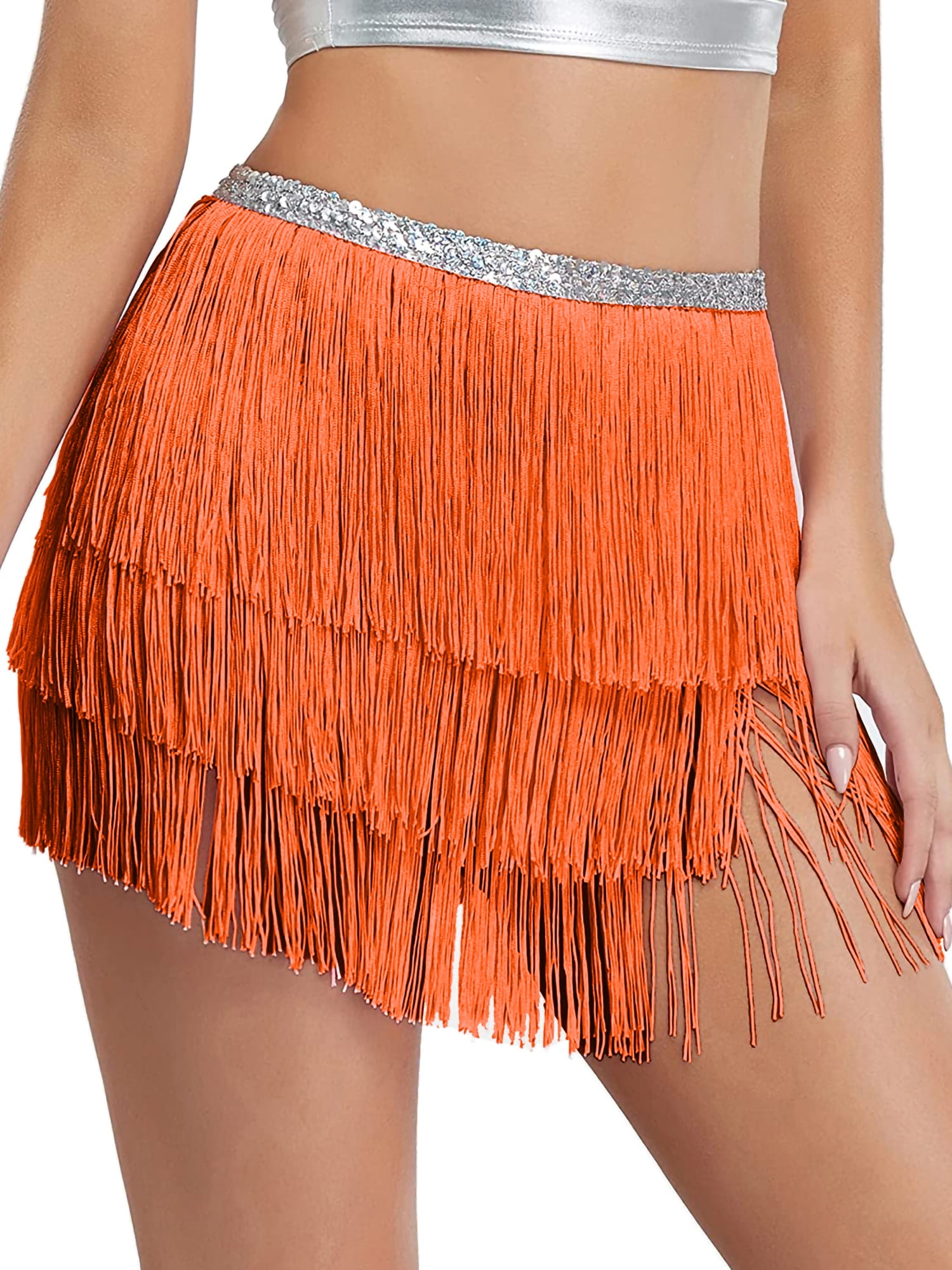 Silver Mesh Sequins Fringed Women Long Sleeves Top Hip Scarf Skirt Safety Shorts 