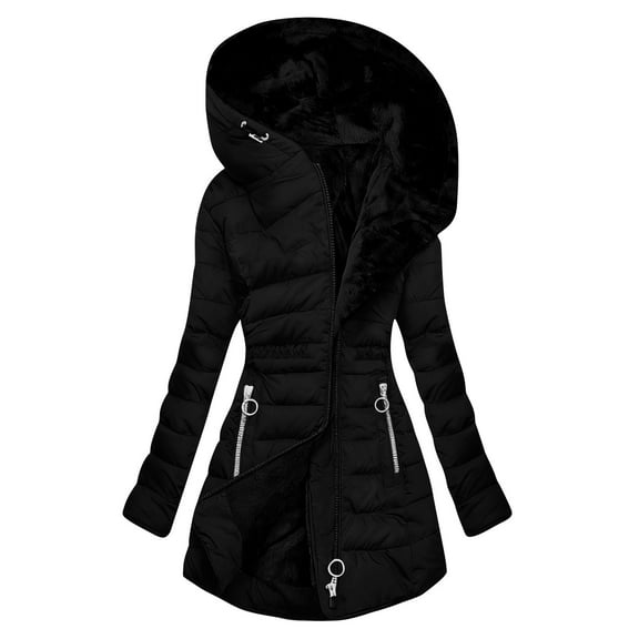 Lcziwo Womens Plus Size Long Winter Coats Oversized Padded Puffer Warm Parkas Fleece Zip Up Quilted Hooded Jacket with Pockets Black,XXXL