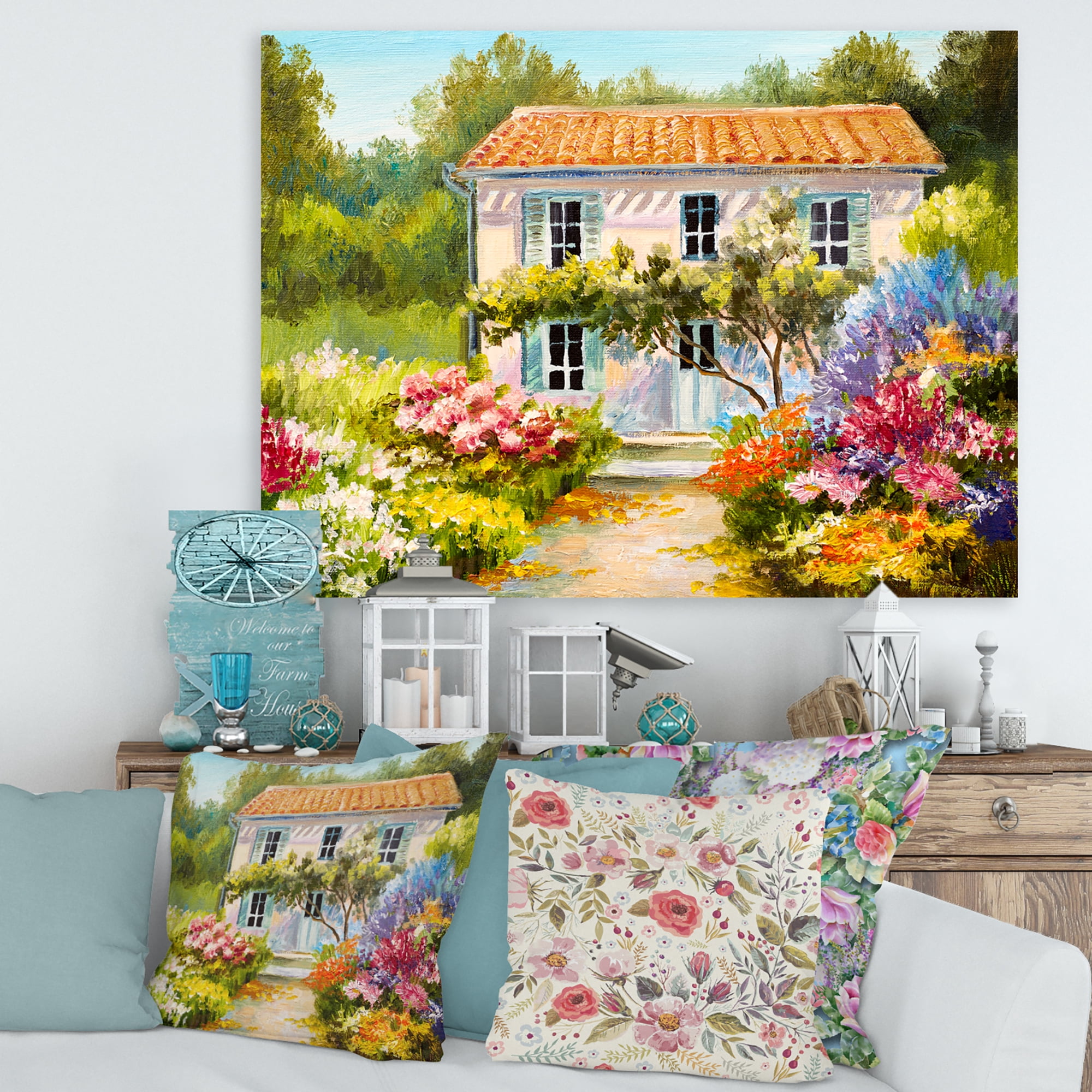 Designart ' The Mountain With Flowers With Little House II ' Traditional Canvas Wall Art Print
